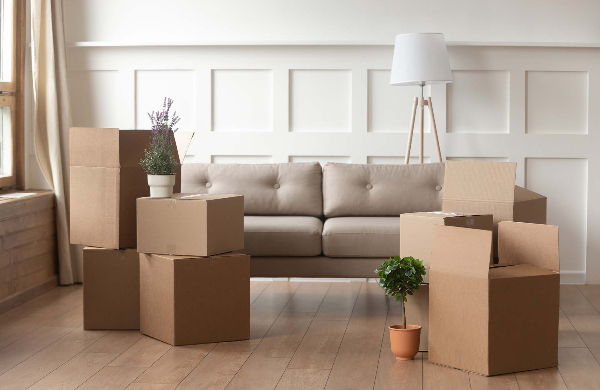 Domestic Moving day concept, cardboard boxes in modern house living room. Moving day concept, cardboard carton boxes stack with household belongings in modern house living room, packed containers on floor in new home, relocation, renovation, removals and delivery service in Benfleet & Southend-on-Sea